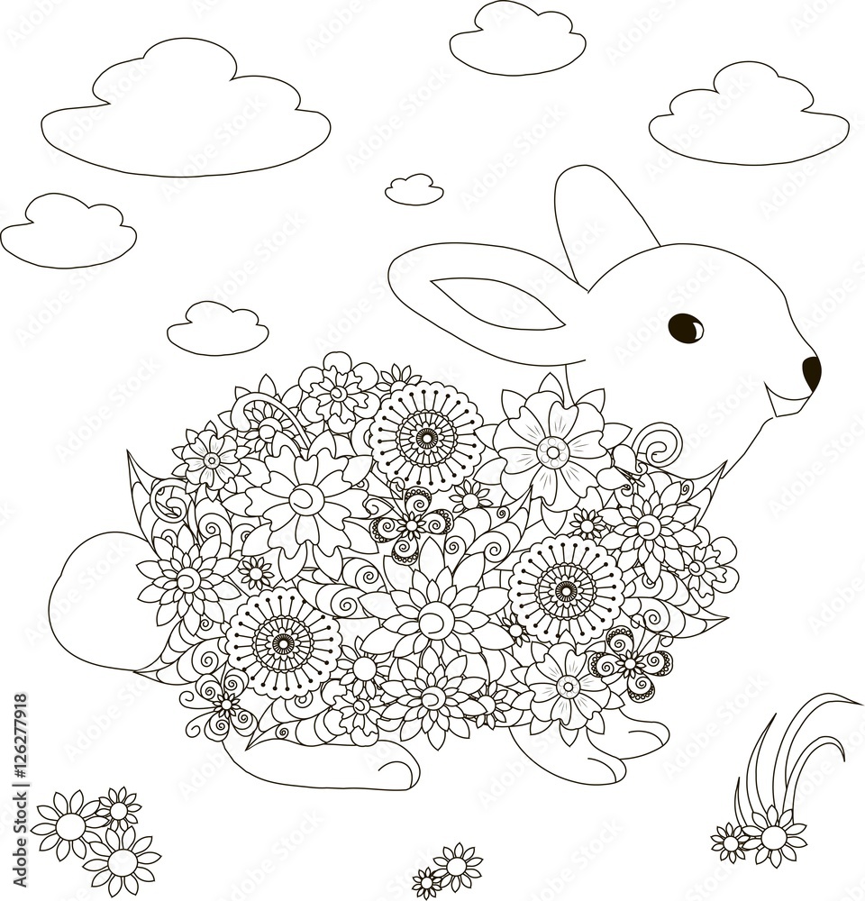 Flowers rabbit, coloring page anti-stress vector illustration Stock ...