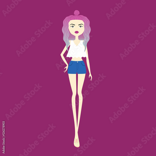 young girl in fashionable clothes. top. shorts. casual wear. col