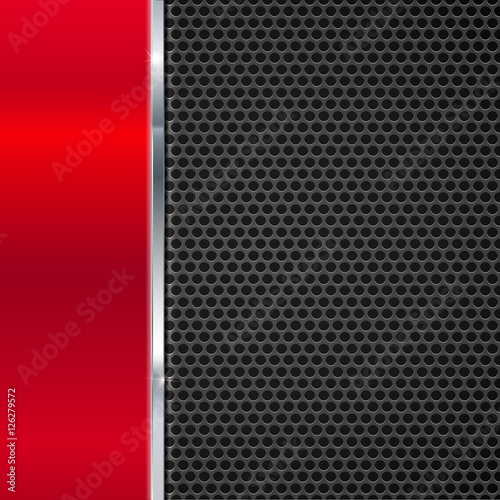 Background of polished red metal and black  mesh with   strip.