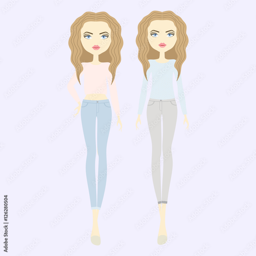 young woman trendy clothes. Set vector fashion girls. young woman trendy clothes. Set vector fashion girls.