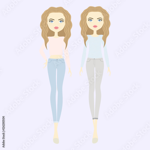  young woman trendy clothes. Set vector fashion girls.