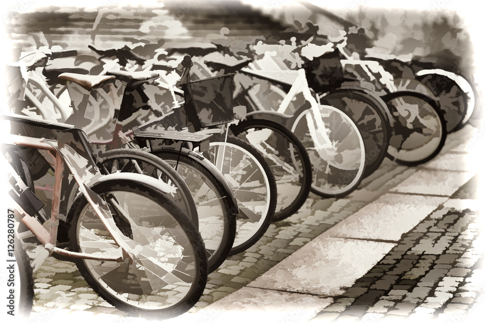 Norway bicycle yard sepia illustration background