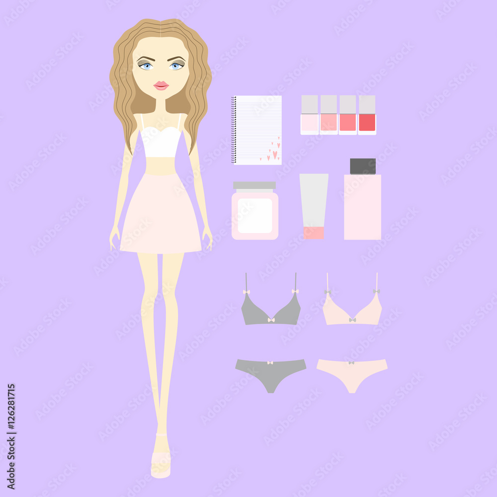  underwear. cosmetics. notebook. young woman in fashionable clot