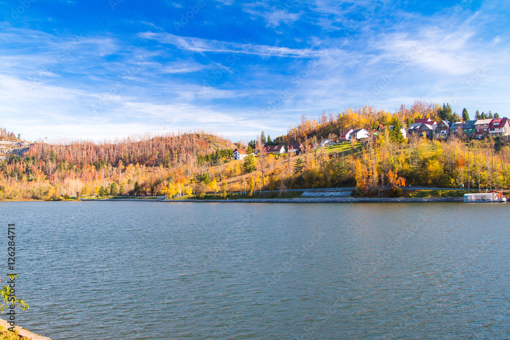      Beautiful town of Fuzine on Lake Bajer, Gorski kotar, Croatia, in autumn 