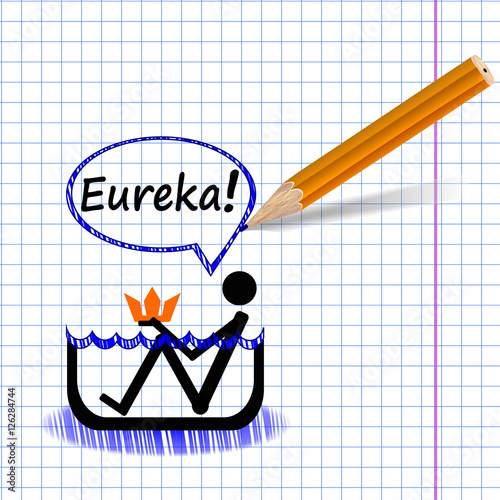 Archimedes' principle. Eurika! Principle is a law of physics. Hand drawn Silhouette n a checked pattern. Graph (plaid) paper. 