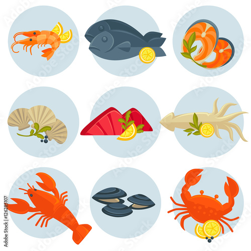 Seafood vector set. Flat design