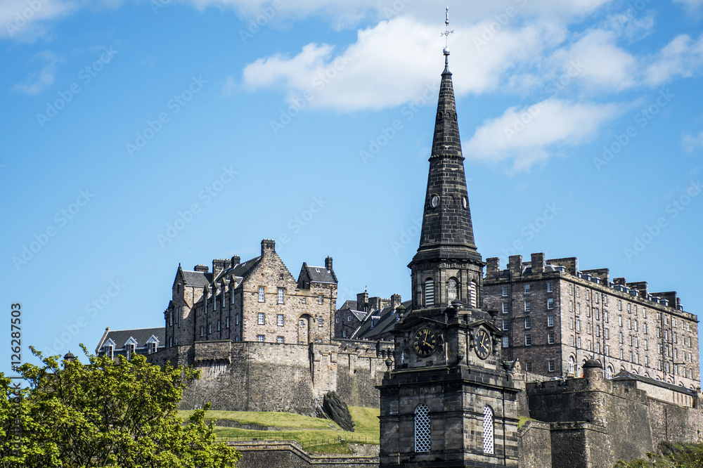 Edinburgh city historic Castle Rock sunny Day Church Tower