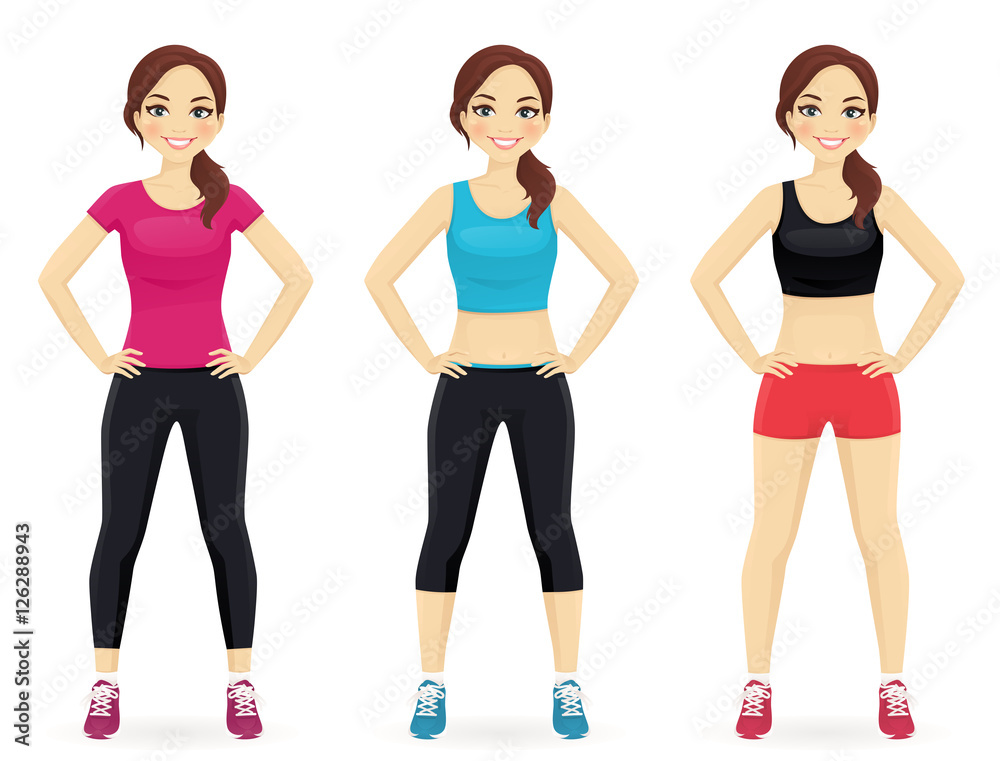 Young fit woman in different sportswear standing isolated Young fit woman in different sportswear standing isolated
