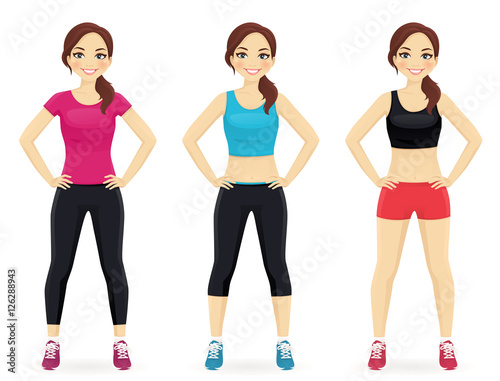Young fit woman in different sportswear standing isolated