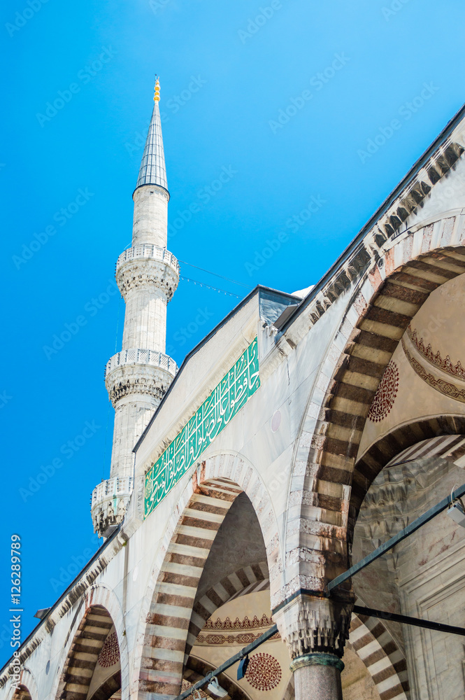 The Sultan Ahmet Mosque (Blue Mosque) close up front view from the courtyard in Istanbul, Turkey