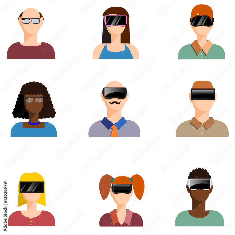 Virtual Reality Brille. Samlung von Menschen mit Head-Mounted Display als Avatar Virtual Reality Brille. Samlung von Menschen mit Head-Mounted Display als Avatar