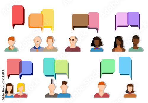 collection of human faces in flat style with speech balloons. People conversation. Talk and polemic. different group of person