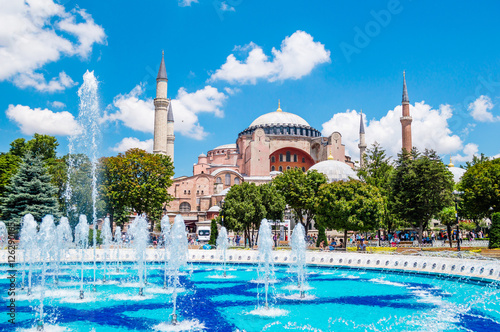 Hagia Sophia (Ayasofya) museum and fountain view from the Sultan Ahmet Park in Istanbul, Turkey