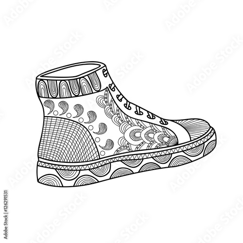 Women's shoes with a beautiful pattern. Sport shoes. Sneakers. Hands sketch doodle element. Printing on T-shirts, banners, posters, cover. Coloring page book for adults and children.