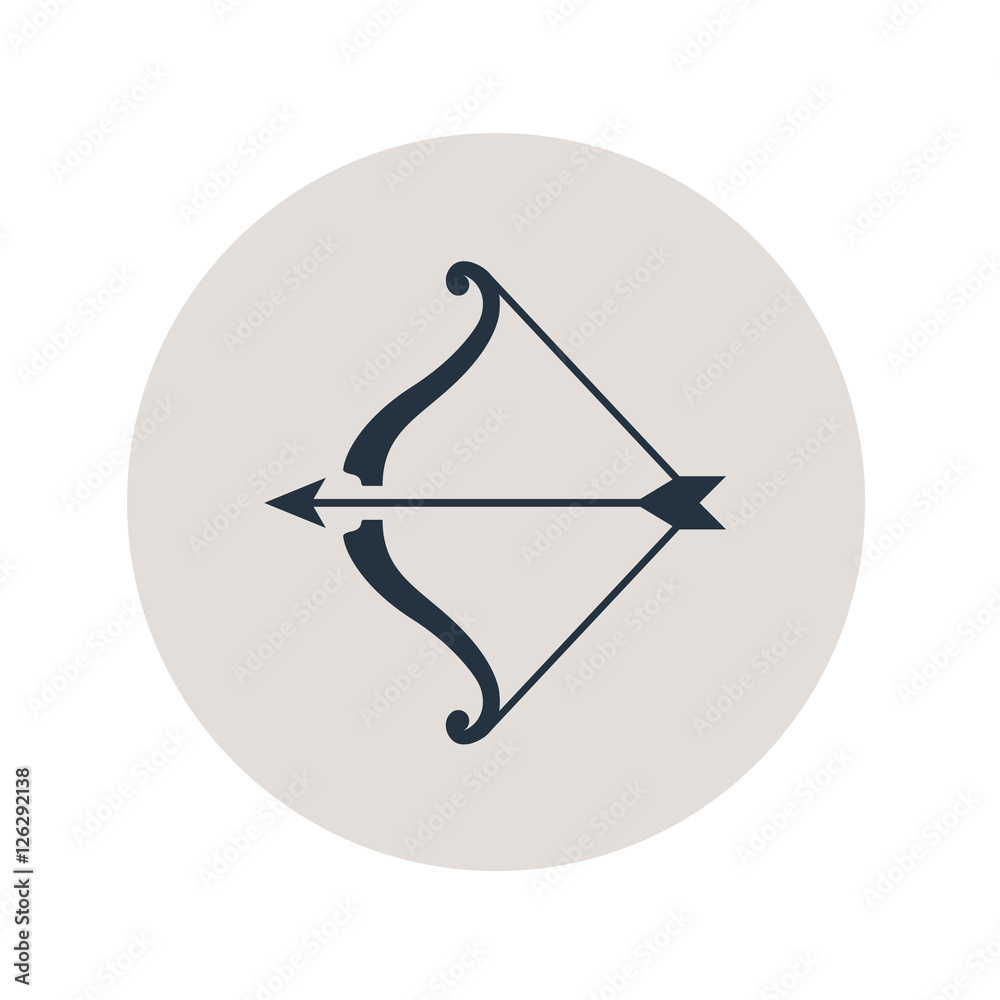 Icono plano arco y flechas en circulo gris