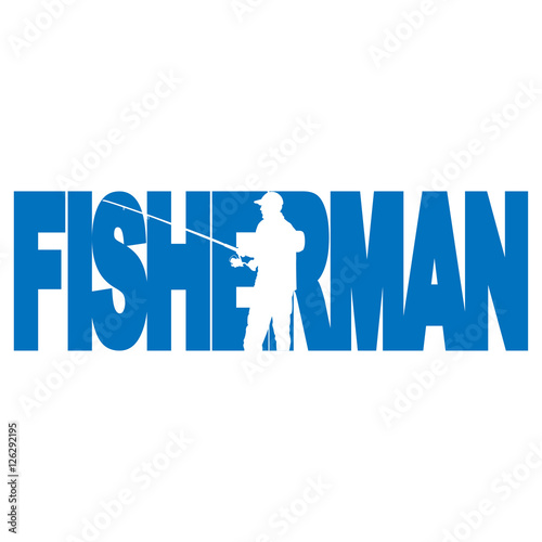 Icono plano FISHERMAN azul con silueta pescador sobre fondo blanco