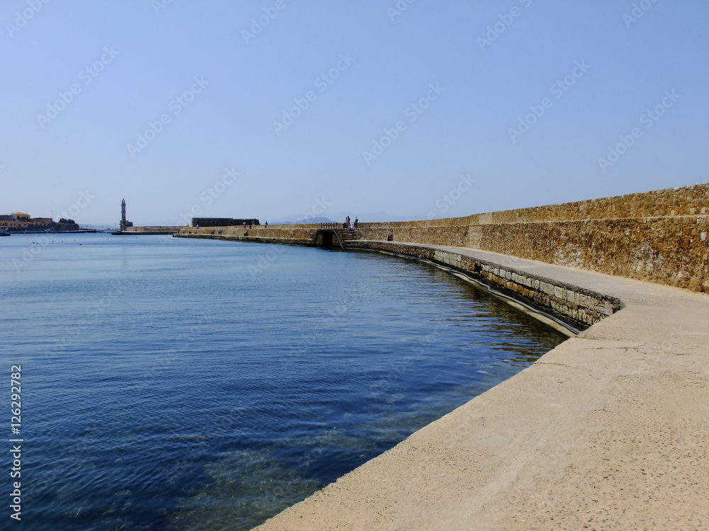 Lighthouse on the End of the Embankment in Chania City in Greece, Crete Island