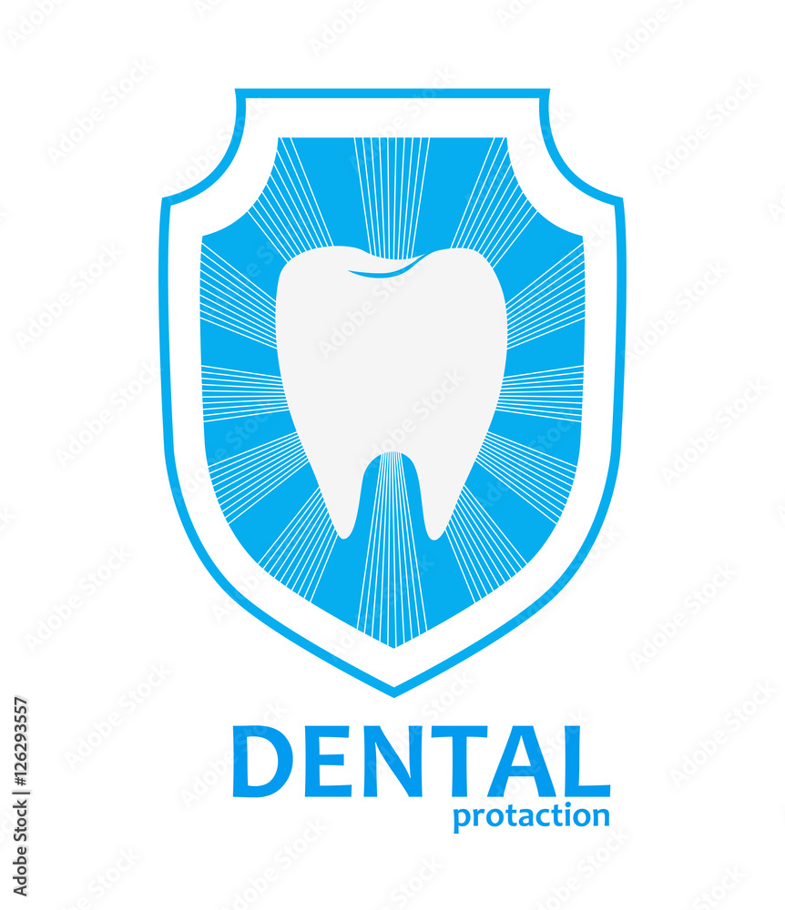 Dental health symbol. Stylized tooth against the shield with sun rays