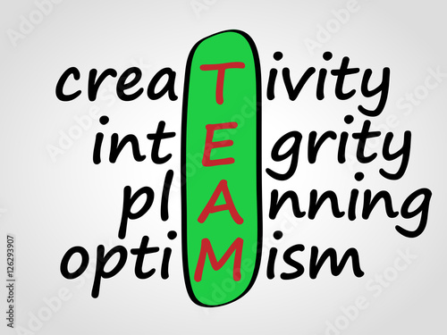 TEAM abbreviation. Business concept. Creativity, integrity, planning, optimism.