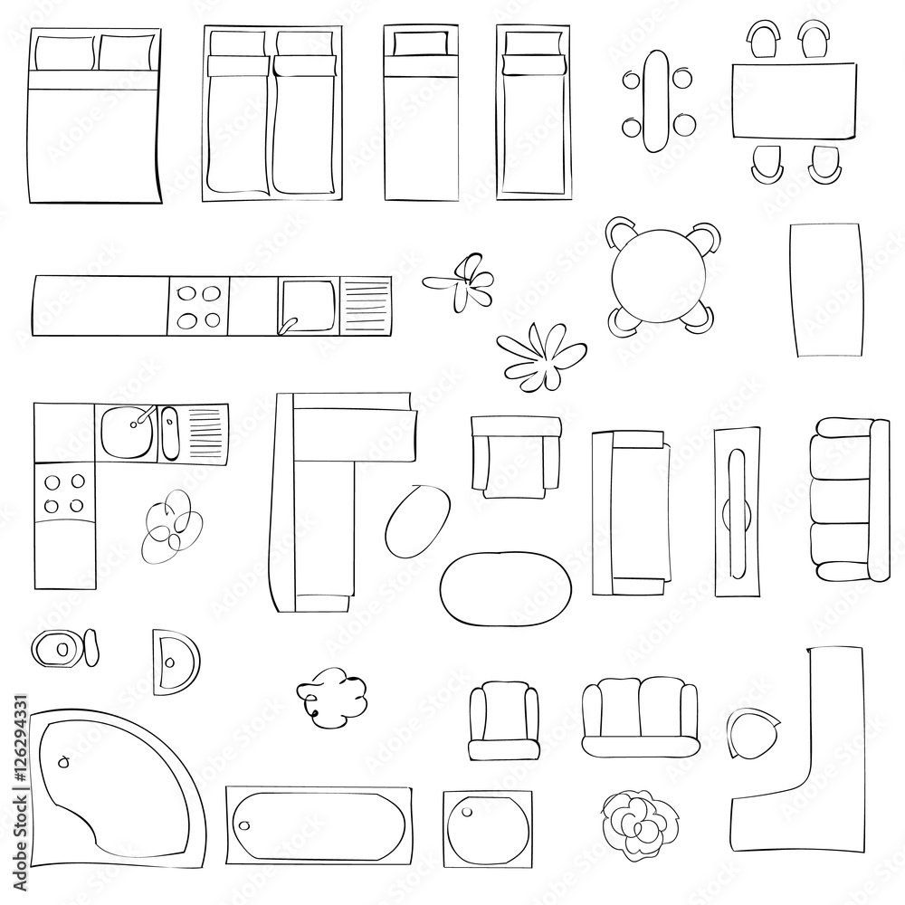 Set of top view interior. Different variants of furniture for modern apartments. Hand drawn Set of top view interior. Different variants of furniture for modern apartments. Hand drawn