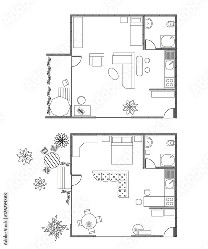 Architecture plan with furniture in top view of 1-rooms apartment with balcony or terrace. Modern interiors. Set of different variants of studio-apartment
