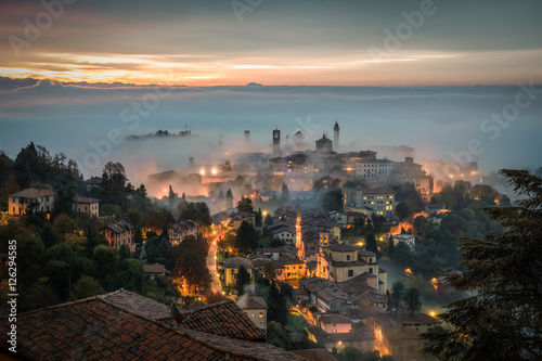 Bergamo through the fog at dawn