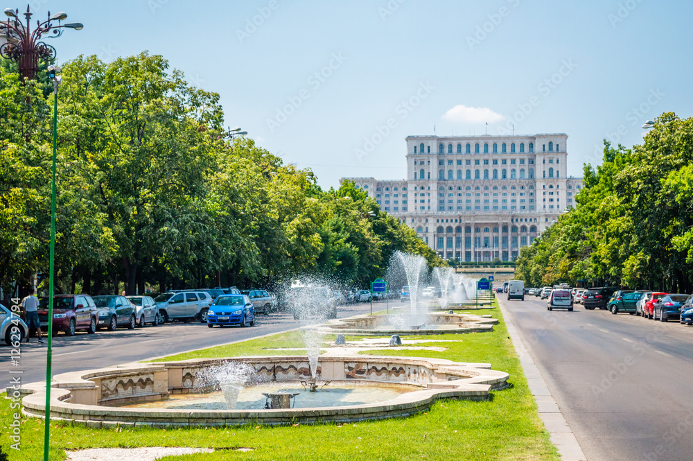 Union Boulevard (Bulevardul Unirii) and Palace of the Parliament view in Bucharest, Romania