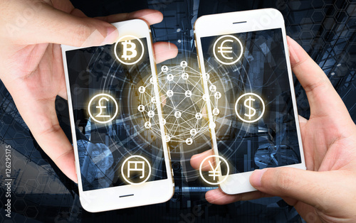 Two Businessman hands holding smartphones. Fintech concept , Peer-to-peer concept with map and world connect , hi-tech building abstract background photo