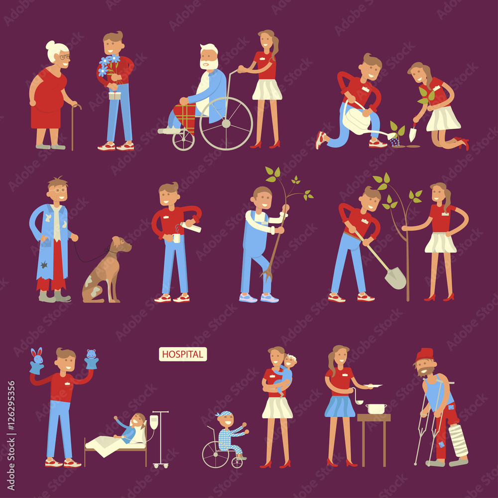 Set of volunteers characters in flat design. Young people planted plants, trees,  helping ill kids and seniors, feeding homeless men. Vector illustration eps 10