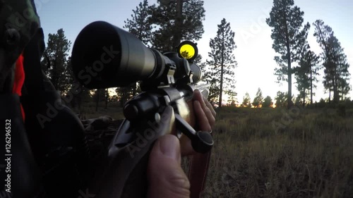 A deer hunter walks through the green woods with rifle