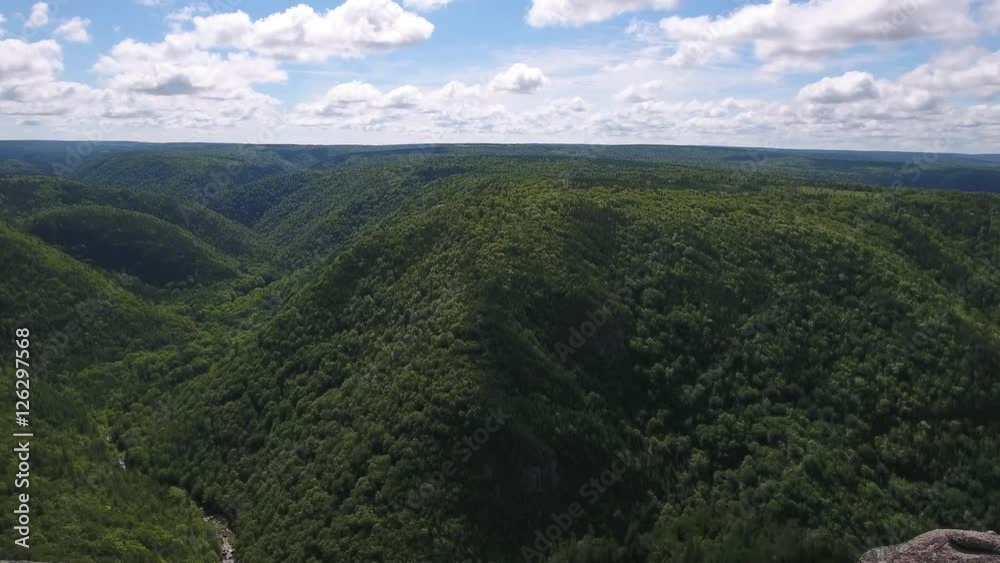Aerial shot of cliffs over deep canyon gorge and mountain forest Aerial shot of cliffs over deep canyon gorge and mountain forest