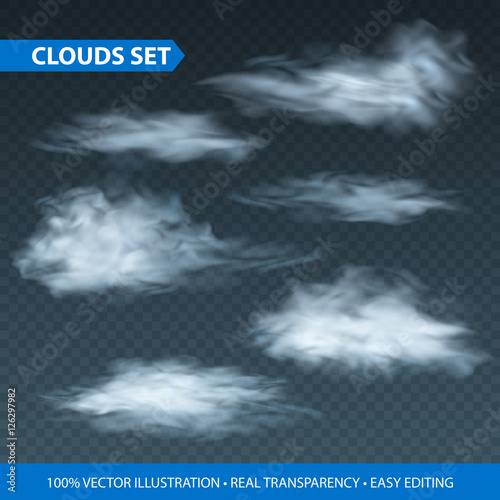 Transparent clouds realistic set on transparence background. Vector illustration