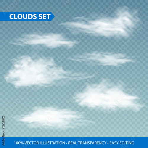 Transparent clouds realistic set on transparence background. Vector illustration
