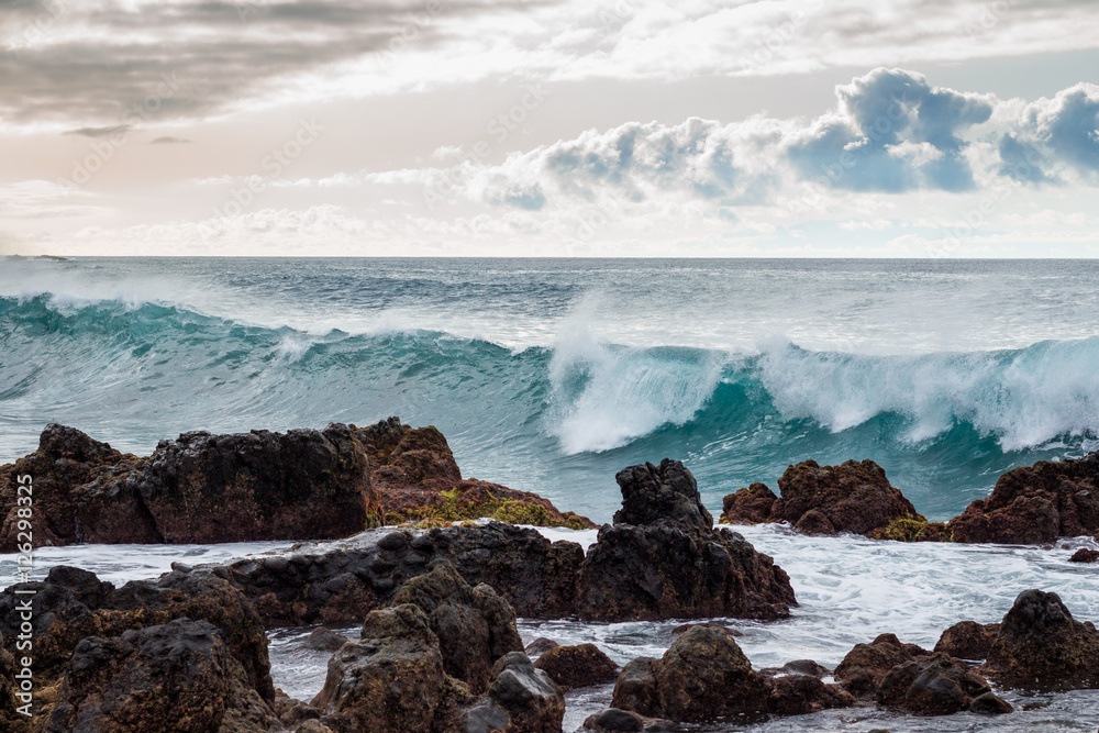 Strong Waves Crashing on the Volcanic Coast in Tenerife Canary Islands