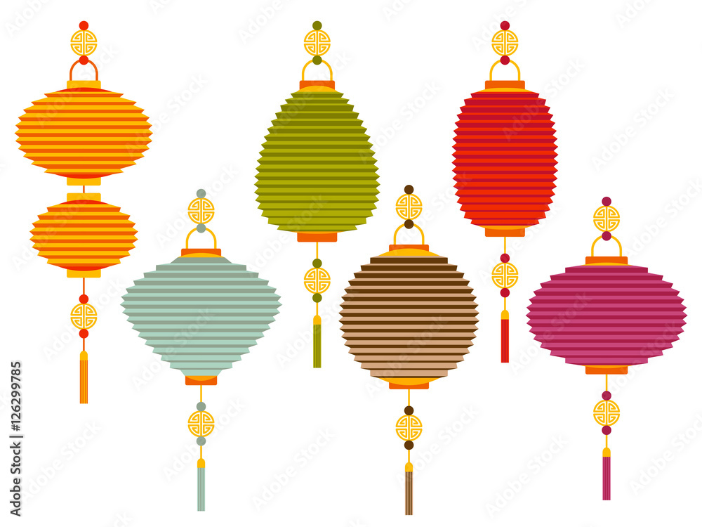 Set of colorful Chinese paper street lanterns in flat style. Vector illustration.