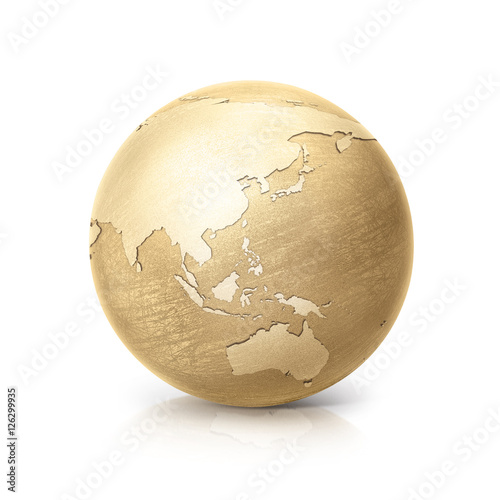 brass globe 3D illustration asia and australia map on white background photo