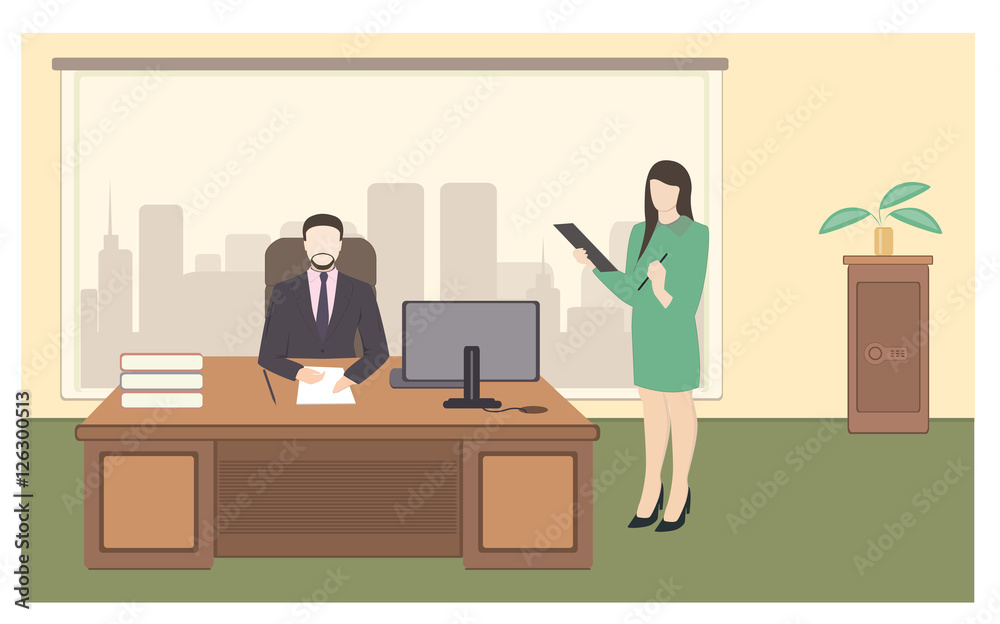 Business characters. Working people. Workplace. Office life. Flat design vector illustration.Secretary and boss in office.
Business characters. Working people. Workplace. Office life. Flat design vector illustration.Secretary and boss in office.