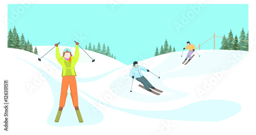 Cartoon skiers vector illustration. Skiers descend from the mountains. Winter sport. Winter landscape. Skiers on a background of mountains.
