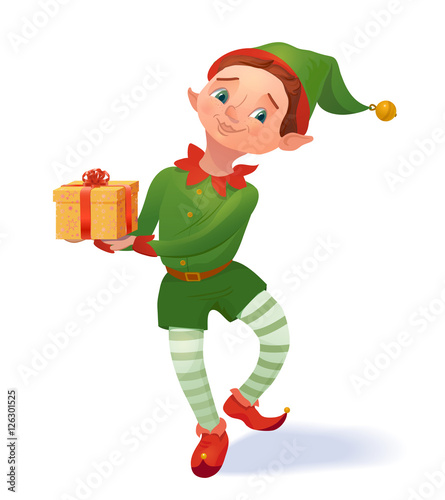 Cute santa's elf boy holding christmas gift. Xmas cartoon character. Vector illustration