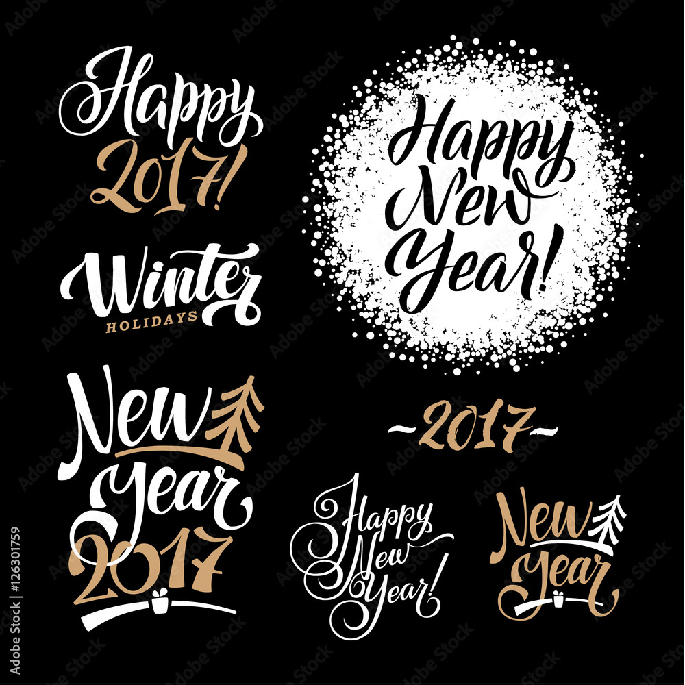 Happy New Year Calligraphy Set. Greeting Card Design Set on White Background Happy New Year Calligraphy Set. Greeting Card Design Set on White Background