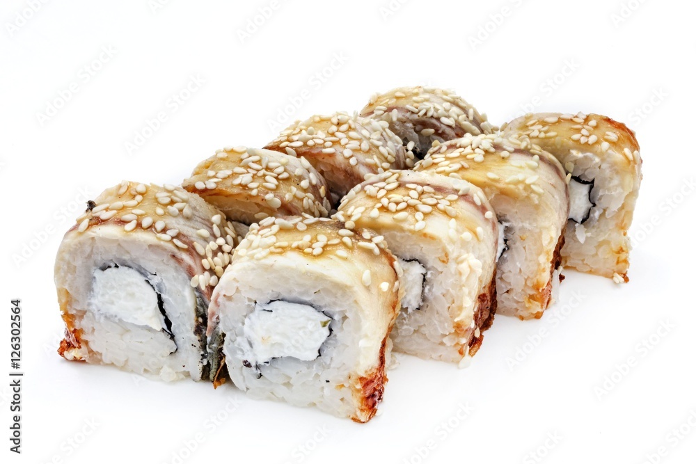 Japanese seafood sushi , roll on a white, isolated Japanese seafood sushi , roll on a white, isolated