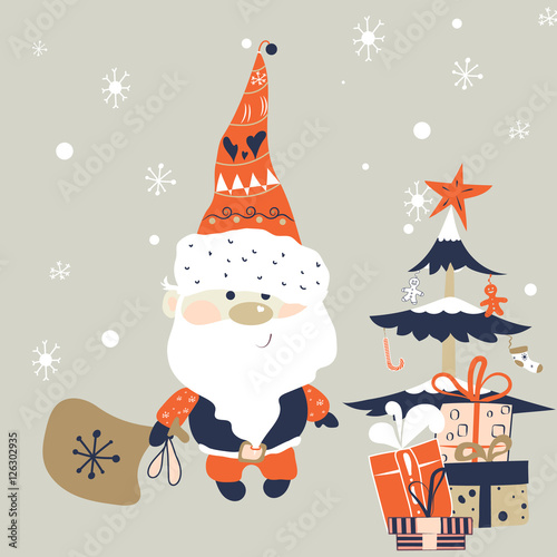 Hand drawn Happy, Cute, funny, Santa Claus Cartoon Character with Christmas presents, tree, falling snowflakes, christmas toys, christmas stocking, christmas gingerbread, christmas candy cane.