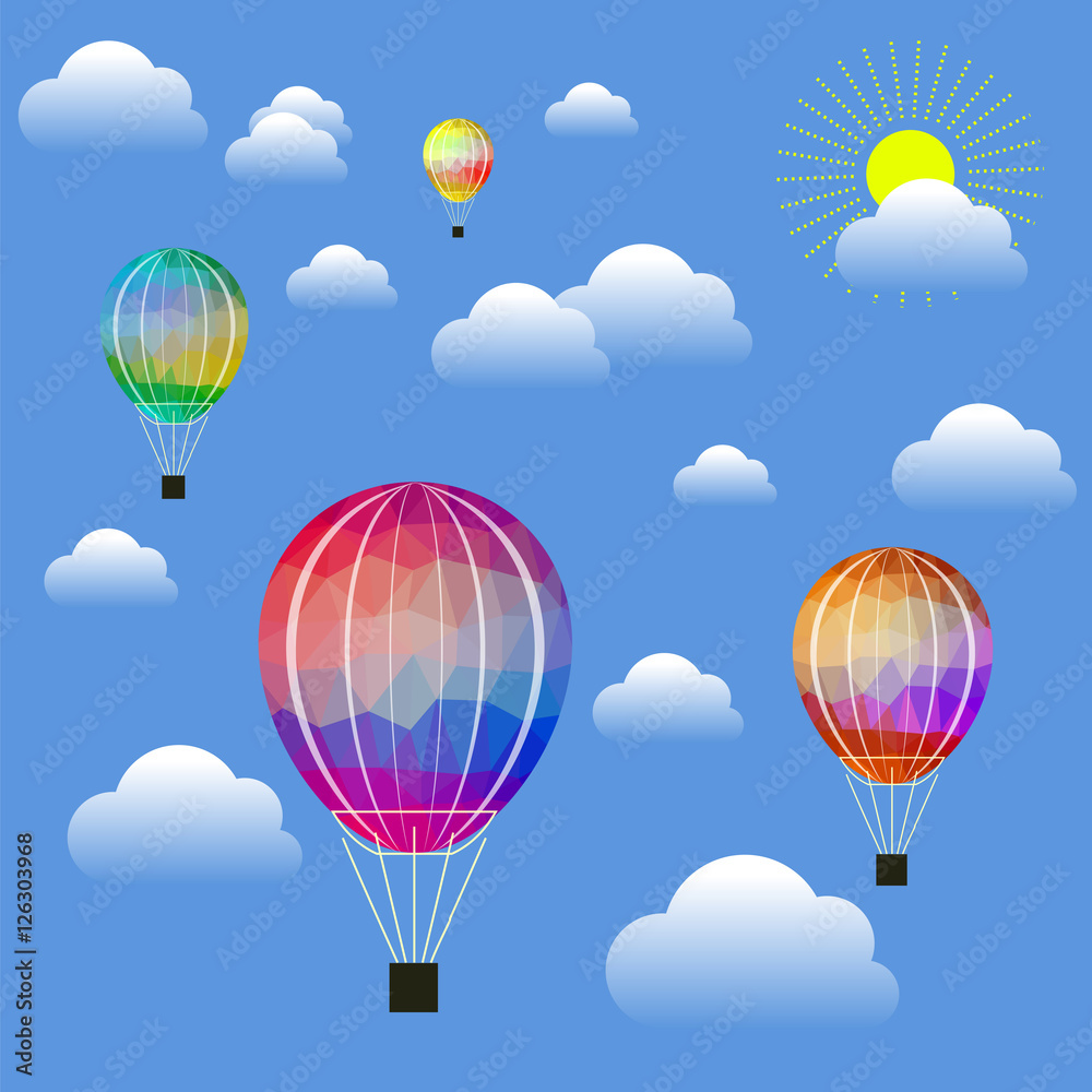 Naklejka premium Colored Air Balloon Icons Flying on Blue Sky Background