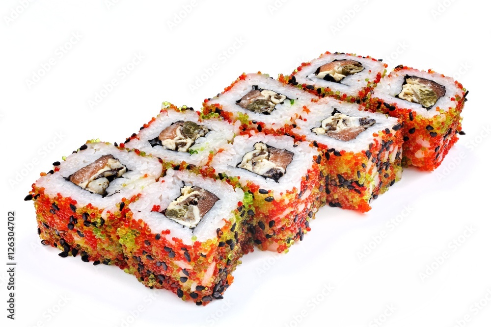 Japanese seafood sushi , roll on a white, isolated Japanese seafood sushi , roll on a white, isolated