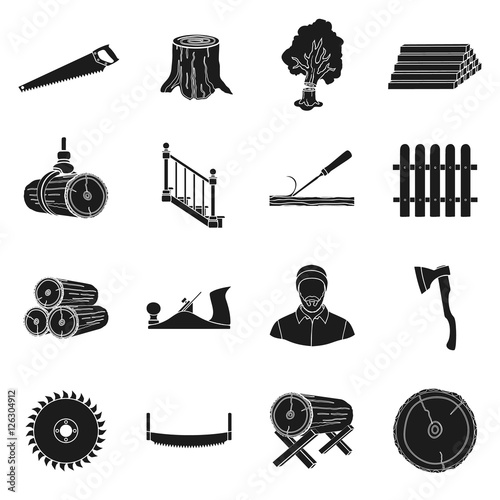 Sawmil and timber set icons in black style. Big collection of sawmill and timber vector symbol stock illustration