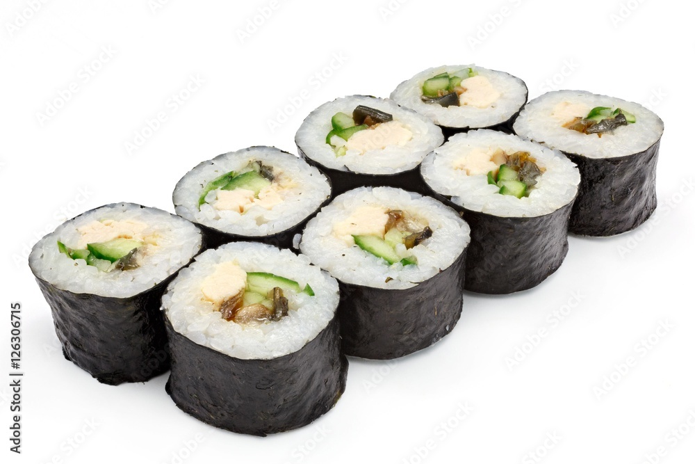 Japanese seafood sushi , roll on a white, isolated Japanese seafood sushi , roll on a white, isolated