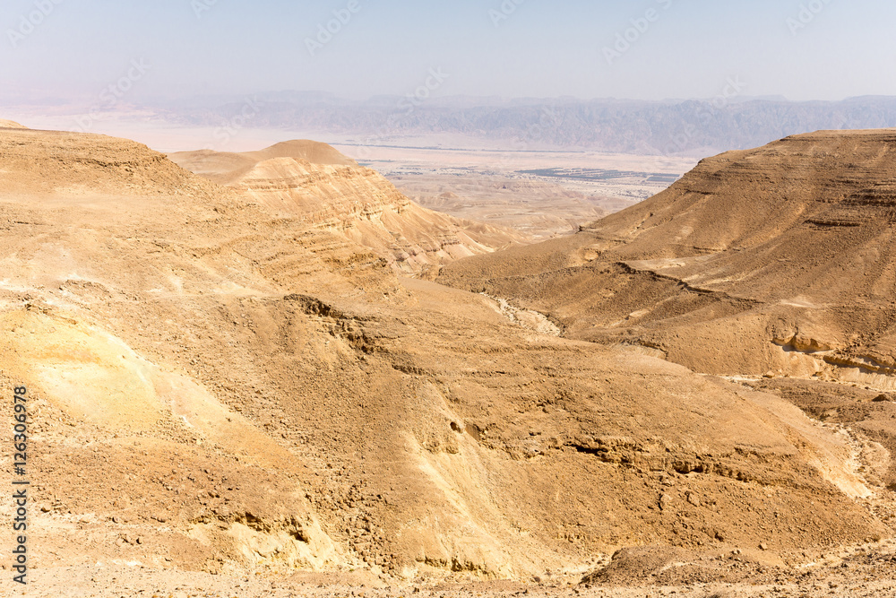 Desert mountains valley landscape view, Israel traveling nature.