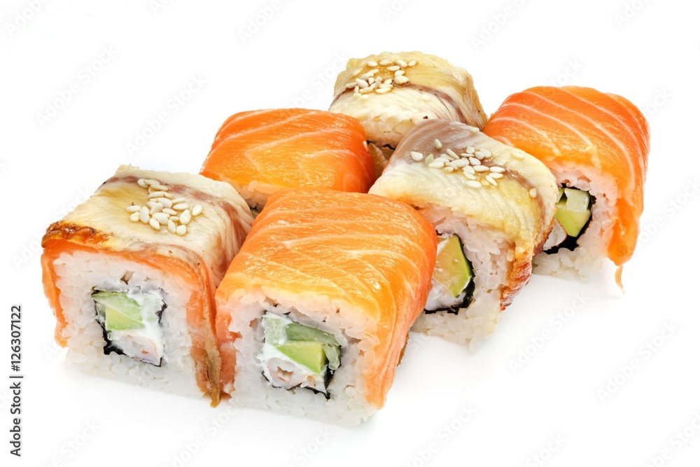 Japanese seafood sushi , roll on a white, isolated Japanese seafood sushi , roll on a white, isolated