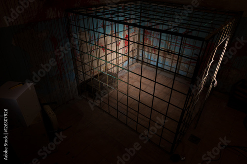 Obraz na płótnie Empty iron cage in basement with blood splattered wall w salonie