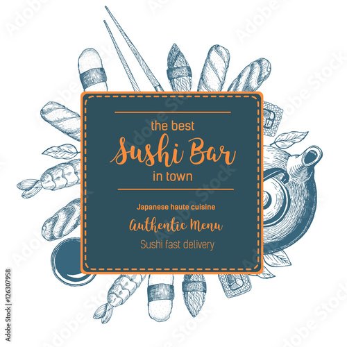 Vector sushi illustration. Asian food frame illustration. Menu label with sushi. rolls, chopsticks and soy sauce . Linear graphic.